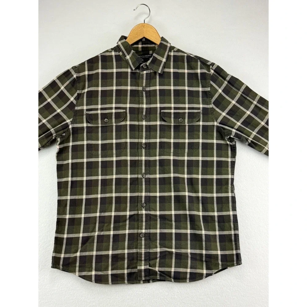 Banana‎ Republic Luxe Flannel Shirt Mens Large Untucked Slim Fit Green Plaid